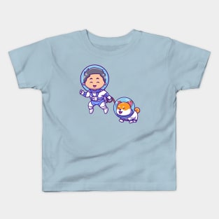 Cute Boy Astronaut Floating Shiba Inu Dog Cartoon Kids T-Shirt